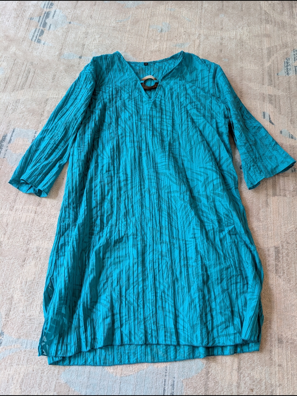 Teal Crinkle Tunic Dress/Cover Up with V-Neck And Shell Ring Detail, Size L